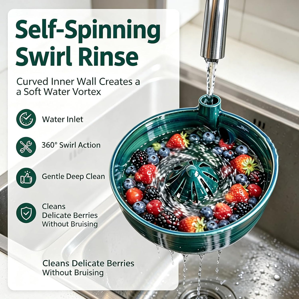 Self Spinning Ceramic Berry Washing Bowl with Drain Holes, 7'' Kitchen Fruit Washer Spinner Bowl with 10pcs Sponges，Blue