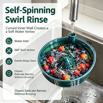 Self Spinning Ceramic Berry Washing Bowl with Drain Holes, 7'' Kitchen Fruit Washer Spinner Bowl with 10pcs Sponges，Blue
