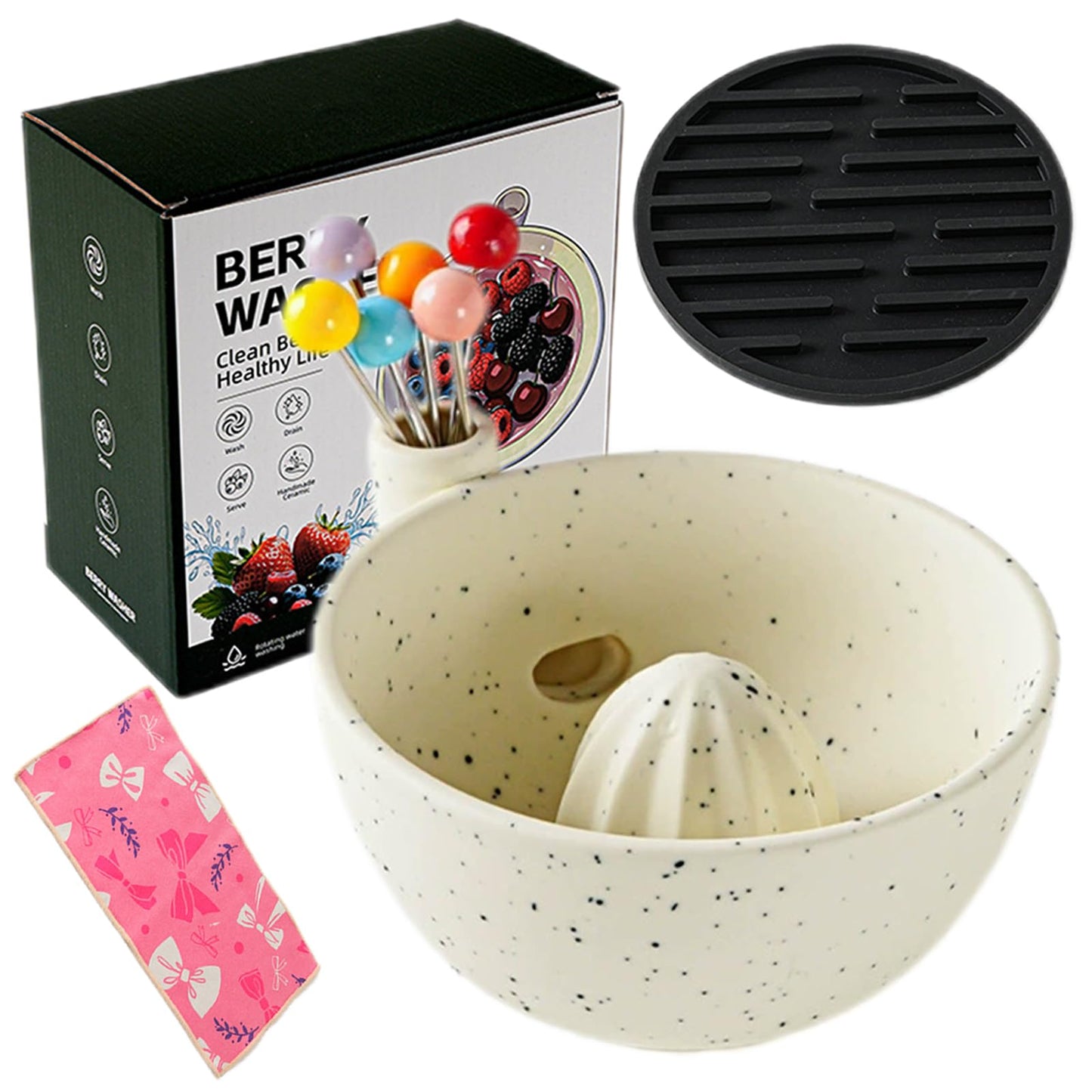 Self Spinning Ceramic Berry Washing Bowl with Drain Holes, 7'' Kitchen Fruit Washer Spinner Bowl with 10pcs Sponges，Blue