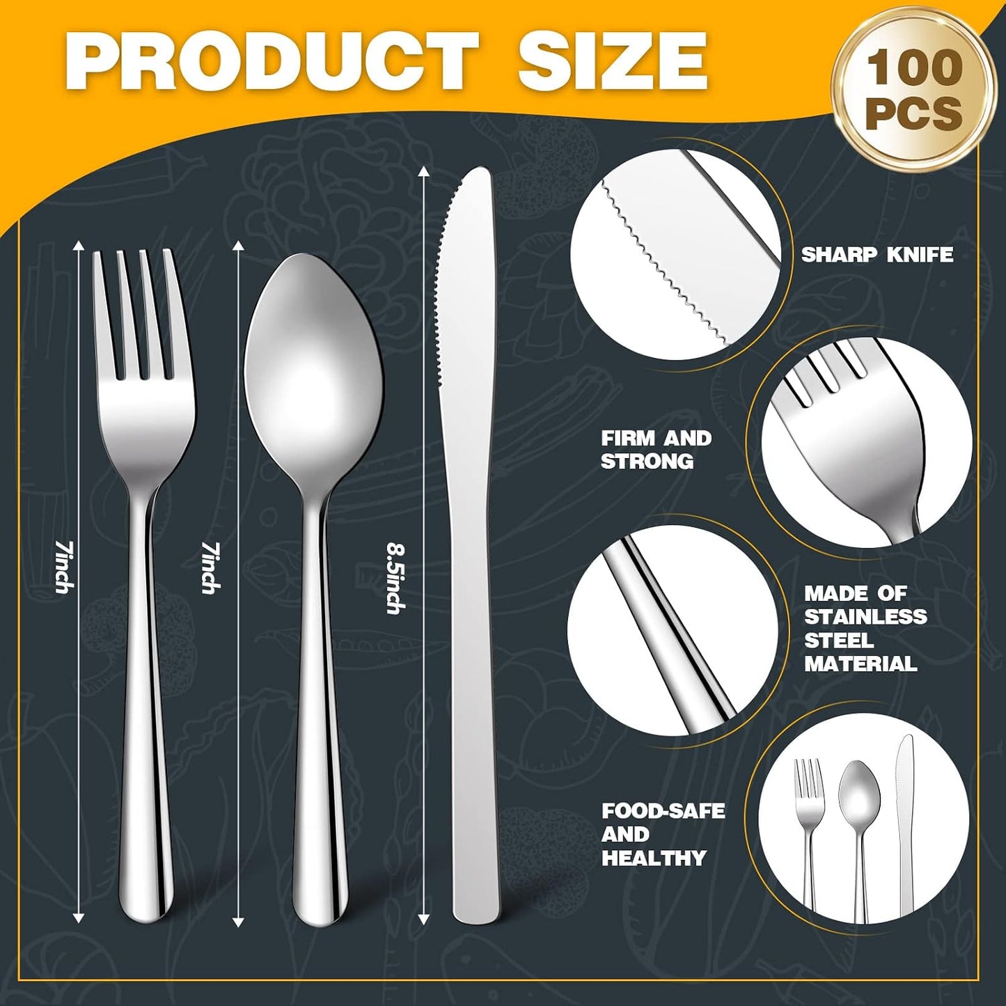 BBTO 100 Pcs Silverware Set for 33 Stainless Steel Flatware kit Mirror Polished Kitchen Utensils Cutlery Set with Square Edge Include 33 Spoon and Knife 34 Fork Tableware for Home, Dishwasher Safe