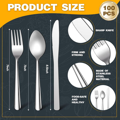 BBTO 100 Pcs Silverware Set for 33 Stainless Steel Flatware kit Mirror Polished Kitchen Utensils Cutlery Set with Square Edge Include 33 Spoon and Knife 34 Fork Tableware for Home, Dishwasher Safe