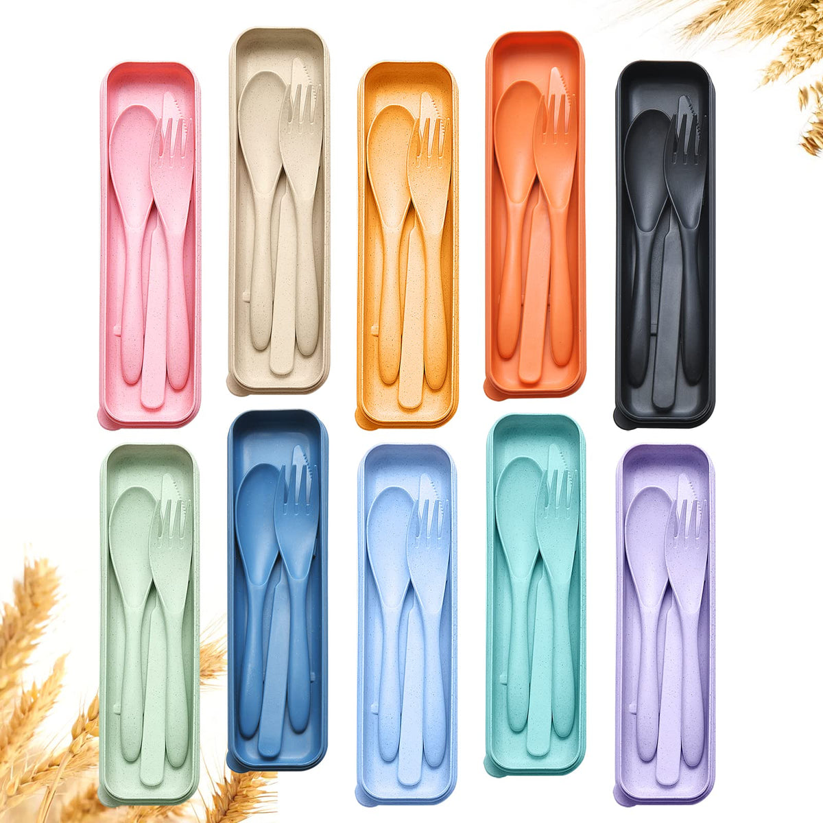 Reusable Travel Utensils Set with Case, 4 Sets Wheat Straw Portable Knife Fork Spoons Cutlery, Eco-Friendly BPA Free Plastic Tableware for Kids Adults Travel Picnic Camping Utensils