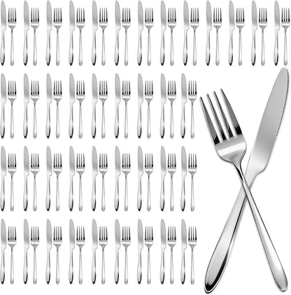 200 Pcs Forks and Knives Bulk Stainless Steel Silverware Set 100 Dinner Forks and 100 Knives Metal Mirror Polished Flatware Tableware Cutlery for Home Restaurant Kitchen Dishwasher Safe
