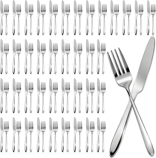 200 Pcs Forks and Knives Bulk Stainless Steel Silverware Set 100 Dinner Forks and 100 Knives Metal Mirror Polished Flatware Tableware Cutlery for Home Restaurant Kitchen Dishwasher Safe