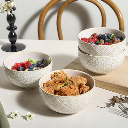 26 Oz Cereal Bowls Set of 4 - Ceramic Soup Bowl for Kitchen, Porcelain Embossed Serving Bowls for Salad, Pho, Breakfast, Ramen, Rice, 6 inch, Dishwasher Microwave Safe, Housewarming Decor