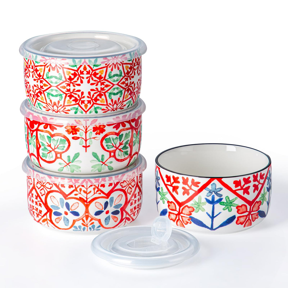 Ceramic Bowl with Lid, Microwave Safe, Set of 4 | Food Storage Containers for Soup, Meal Prep, Cereal, Salad Leftovers - Picnic, Camping, Office Lunch - 20 oz, B-Pattern