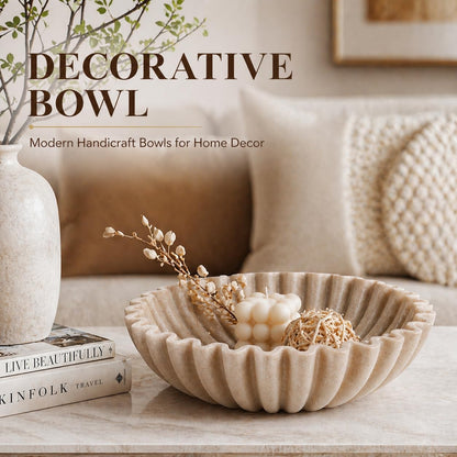 Large Decorative Bowl, Modern Handicraft Bowls for Home Decor, Fruit Bowl for Kitchen Counter, Ruffle Decor, Stylish Key Bowl for Entry Table, Artificial Stone Beige