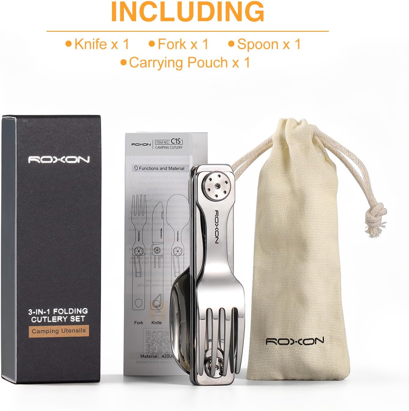 ROXON 3-in-1 Knife Spoons Fork Camping Utensils Set with Case | Magnetic Folding, Stainless Steel Cutlery, EDC Portable Lightweight Silverware,For Hiking Backpacking Travel Lunchbox Outdoor