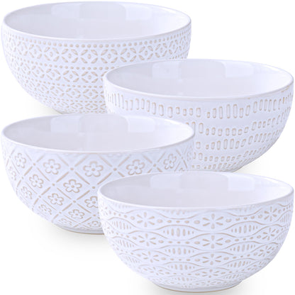 40 OZ Large Cereal Bowls Set of 4, Farmhouse Embossment Ceramic Salad Bowls for Soup, Serving, Fruit, Snack, Noodle, Ramen, Pho, Microwave & Dishwasher Safe, 6.7 Inch White