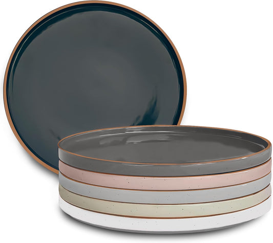 Mora Ceramic Flat Dinner Plates Set of 6, 10.5 in High Edge Dish Set - Microwave, Oven, and Dishwasher Safe, Scratch Resistant, Modern Dinnerware- Kitchen Porcelain Serving Dishes - Assorted Neutrals