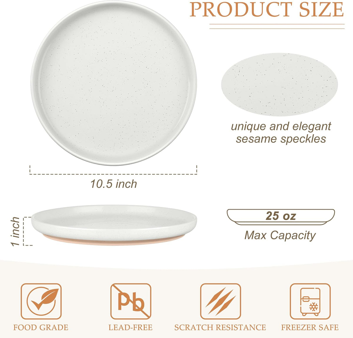 LIANYU Dinner Plates Set of 4, 10.5 Inch Stoneware Plate for Kitchen Dining, Large & Round Ceramic Salad Dishes Set, Microwave, Oven & Dishwasher Safe, Scratch Resistant, Stackable, Snowy White
