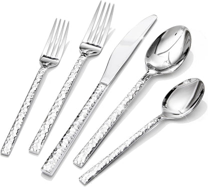 40 Piece Hammered Silverware Set, 18/10 Stainless Steel Flatware Set for 8 | KINGSTONE Mirror Polished Knives Forks Spoons Utensils, Cutlery Set for Home, Party, Wedding, Housewarming, Dishwasher Safe