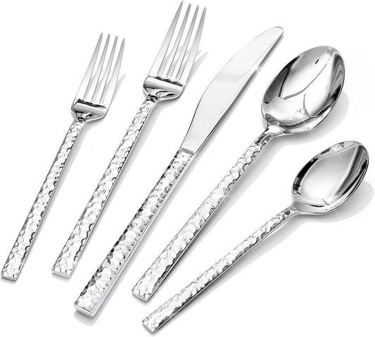 40 Piece Hammered Silverware Set, 18/10 Stainless Steel Flatware Set for 8 | KINGSTONE Mirror Polished Knives Forks Spoons Utensils, Cutlery Set for Home, Party, Wedding, Housewarming, Dishwasher Safe