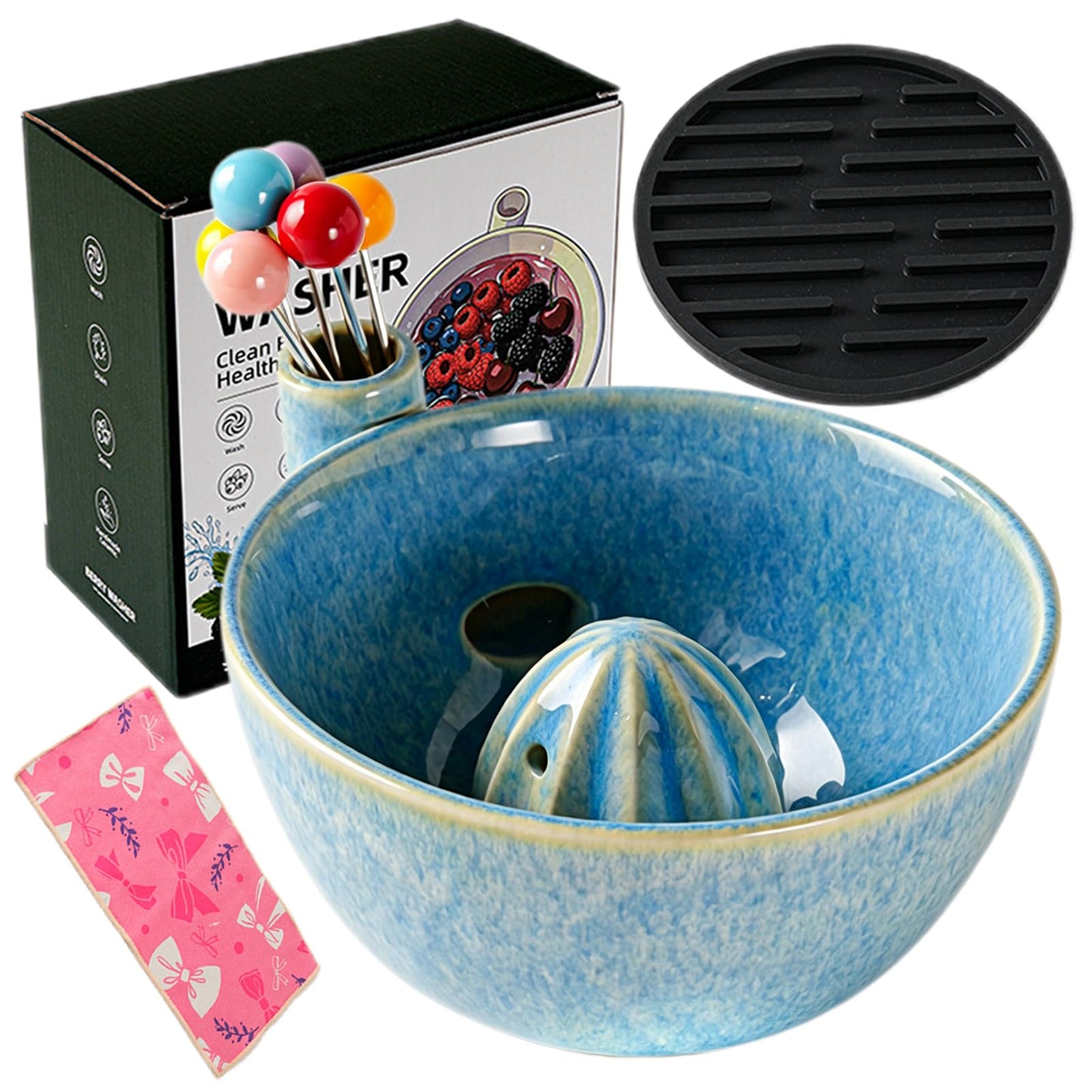 Self Spinning Ceramic Berry Washing Bowl with Drain Holes, 7'' Kitchen Fruit Washer Spinner Bowl with 10pcs Sponges，Blue