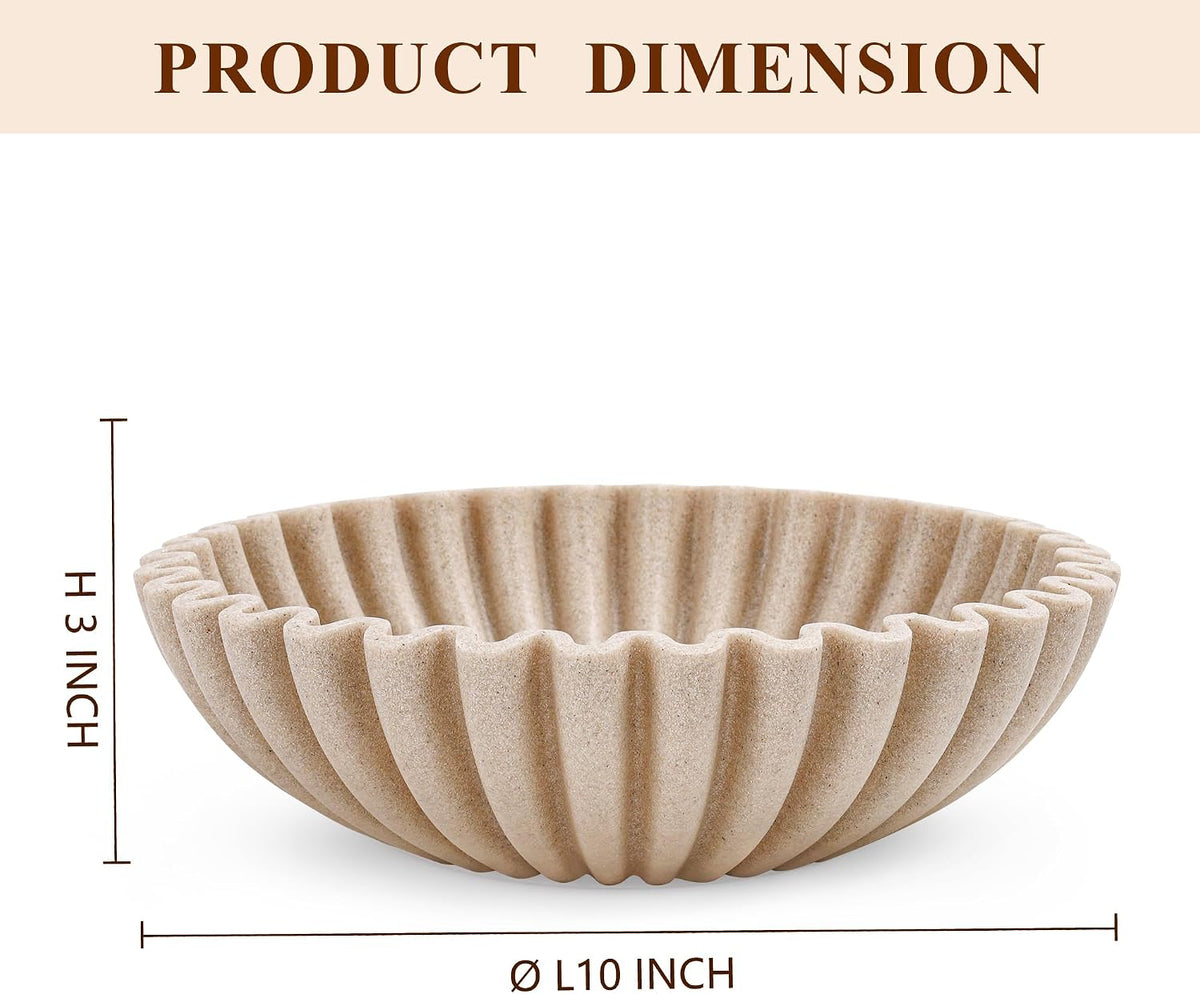 Large Decorative Bowl, Modern Handicraft Bowls for Home Decor, Fruit Bowl for Kitchen Counter, Ruffle Decor, Stylish Key Bowl for Entry Table, Artificial Stone Beige