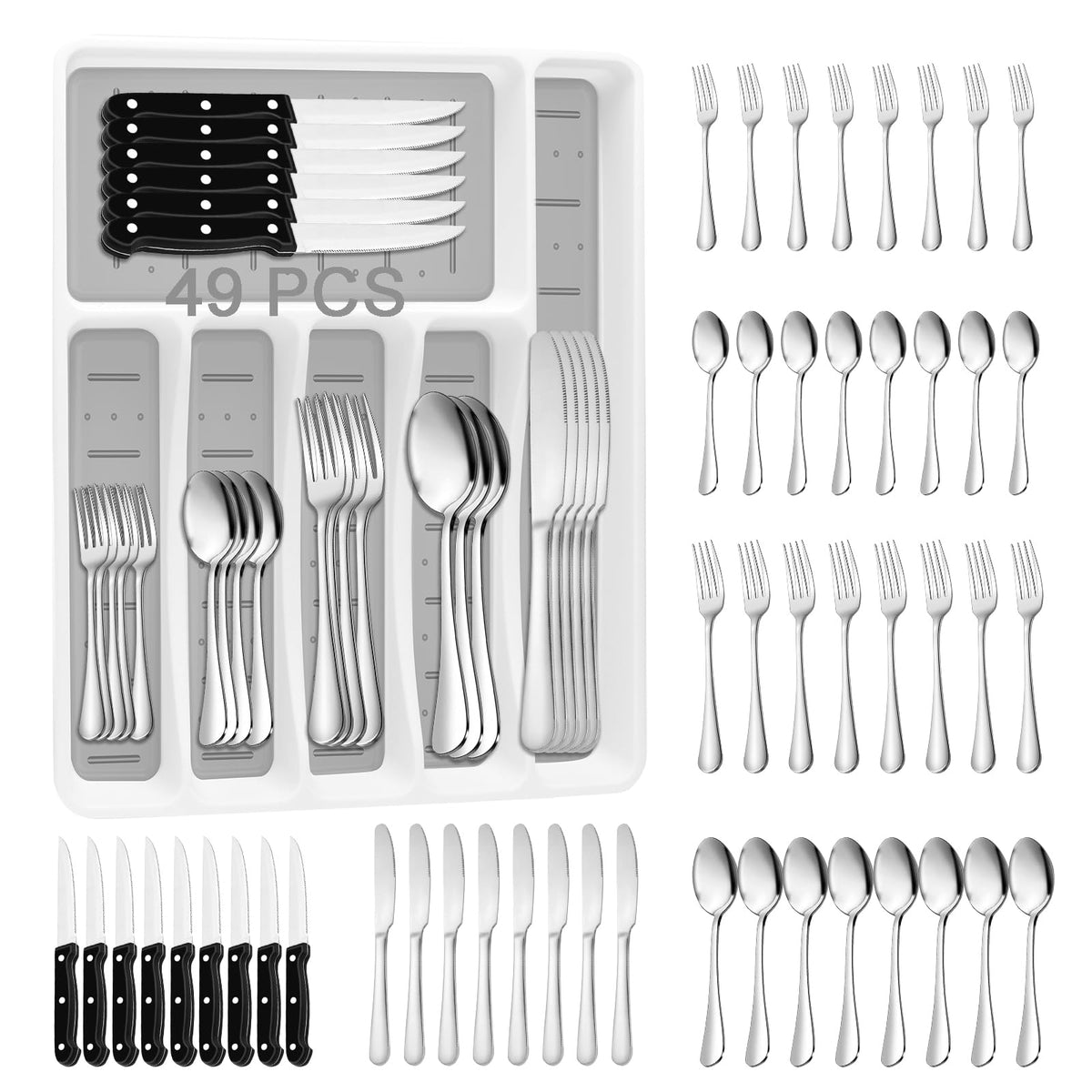 49-Piece Silverware Set with Organizer, Stainless Steel Flatware Utensils Set for 8, Forks and Spoons Silverware Set Cutlery Set with Steak Knives, Dishwasher Safe