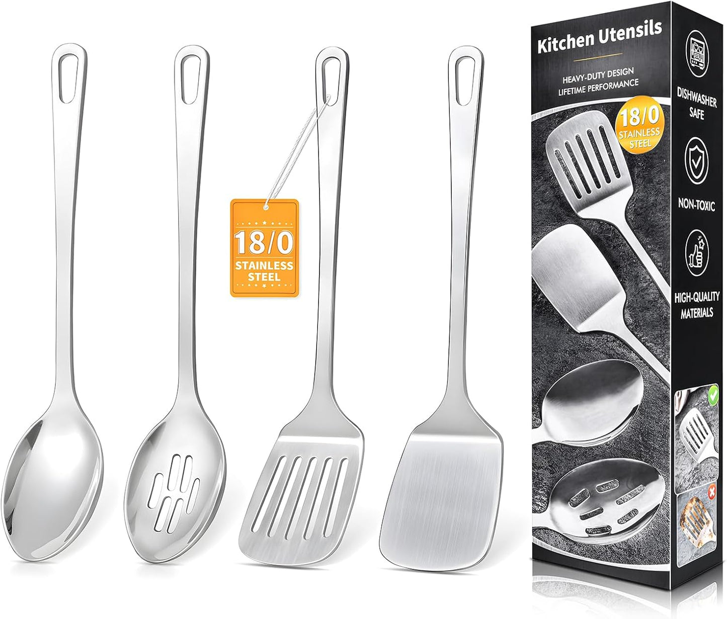 4 Pcs Cooking Utensils Set, Stainless Steel Kitchen Utensils, Heat Resistant Metal Kitchen Tools Include Solid & Slotted Turner Wok Spatula, Serving Spoon, Ergonomic Handle, Easy to Clean, Silver