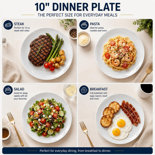 White Dinner Plates Set of 6, 10 Inch Ceramic Plates, White Porcelain Dinner Plates for Kitchen, Everyday Use, Microwave & Dishwasher Safe, 25.4Cm
