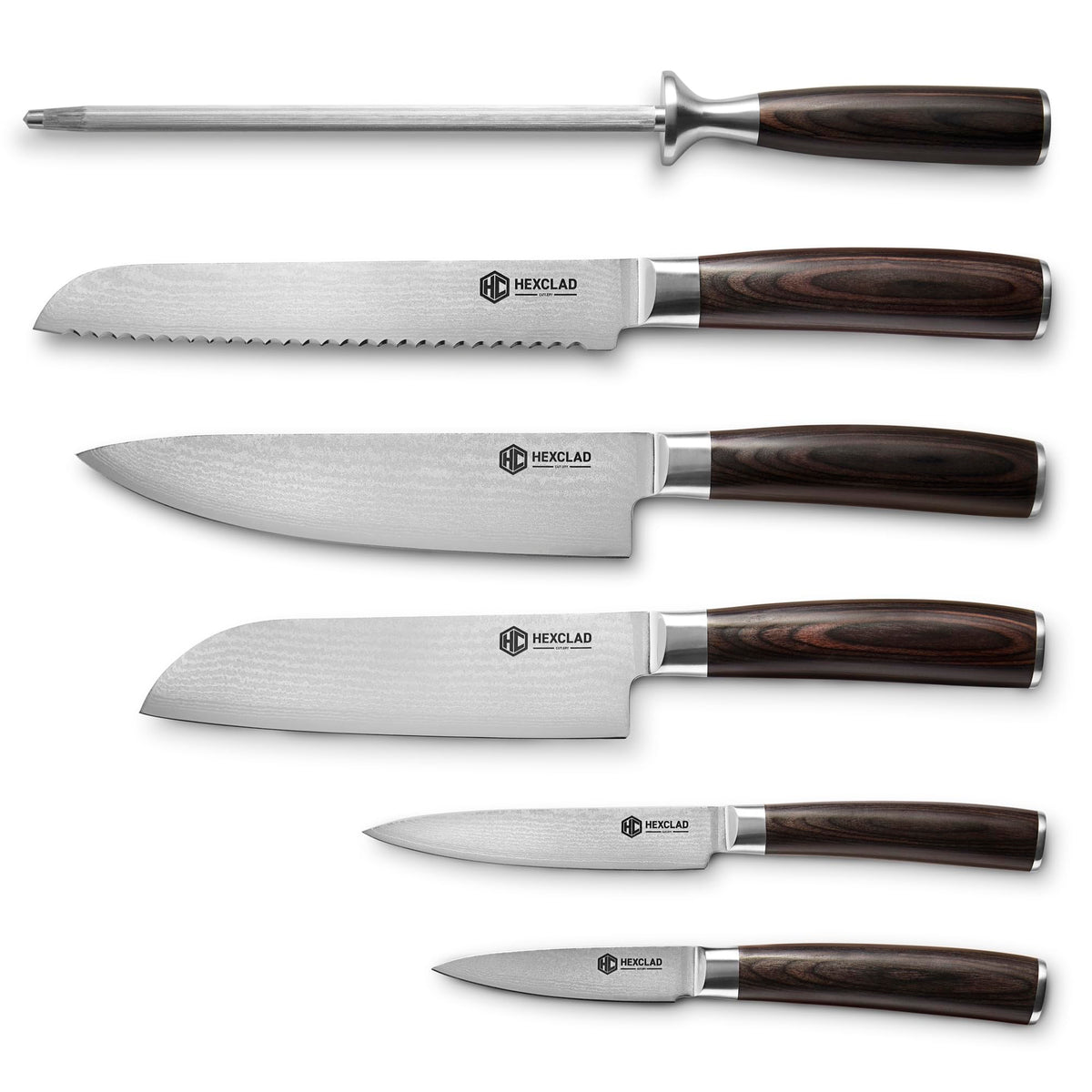 HexClad Espresso 4 Piece Damascus Steel Steak Knife Set, Full Tang | Full Tang Construction, Pakkawood Handle