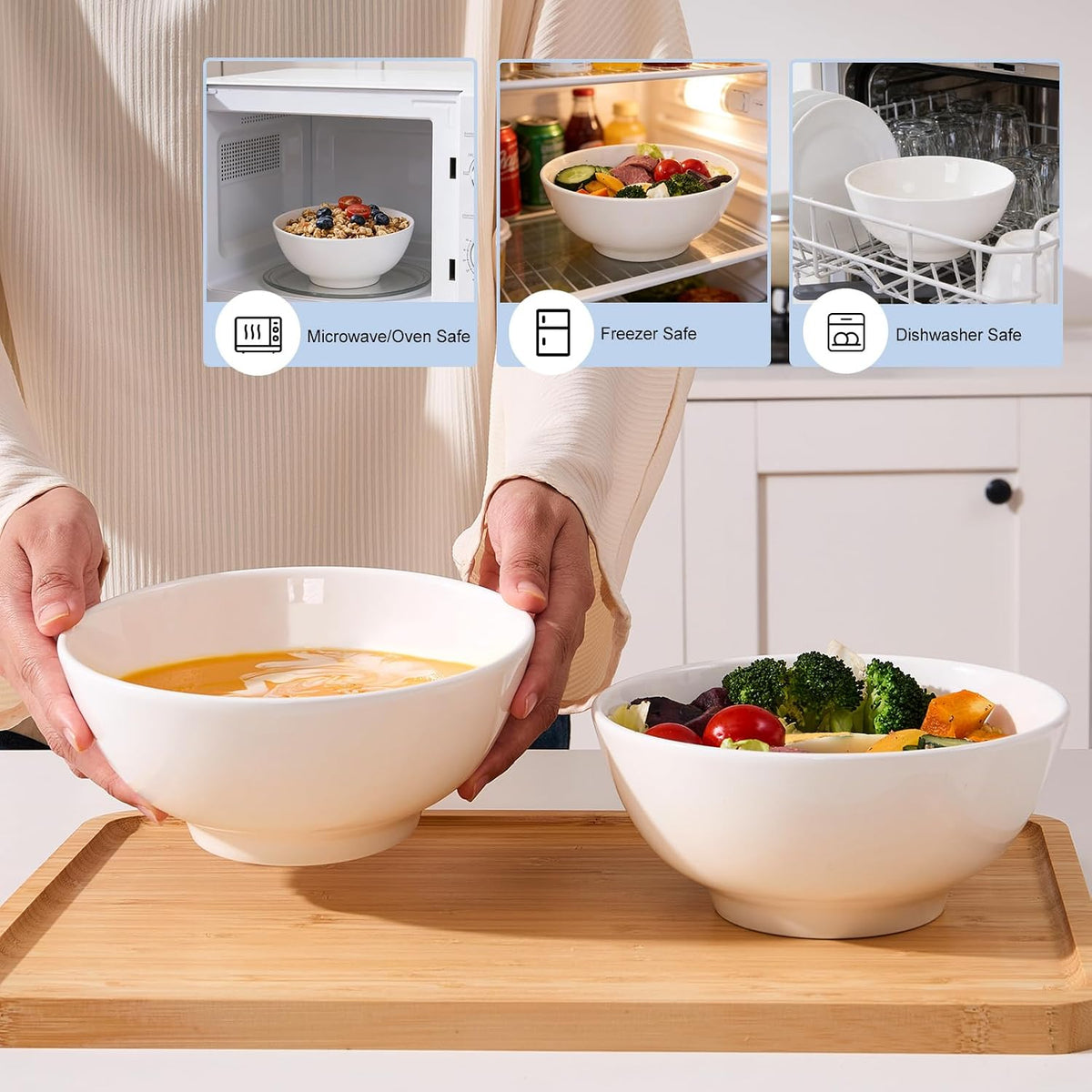 VENVENWEAVS 30 OZ White Thickened Ceramic Bowls Set of 6 Complimentary 6 Spoons, Large Reinforced Ceramic Bowls Perfect for Soup,Salad,Cereal, Ramen And More,Microwave&Dishwasher Safe