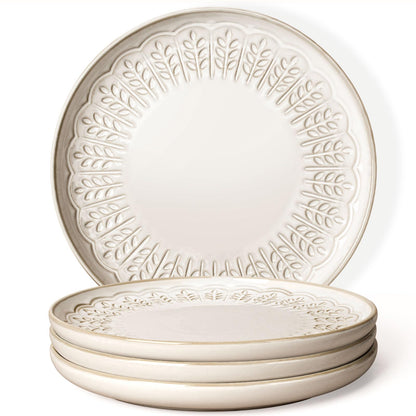 Large Ceramic Dinner Plates Set Of 4, 10.75 Inch Embossed Kitchen Salad Plates, Modern Serving Plates For Restaurant, Plates With Lipped Edges, Microwave Dishwasher Safe (Multiple Patterns)