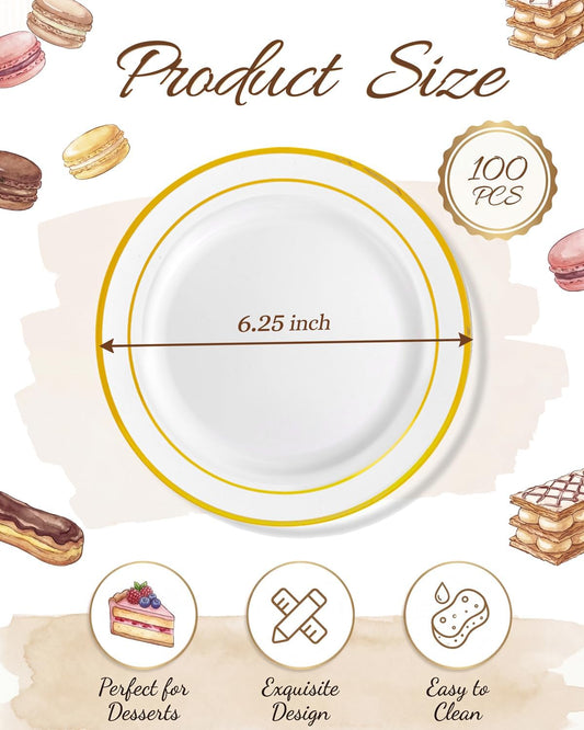 bUCLA 100Pieces Gold Plastic Plates - 6.25inch White with Gold Rim Disposable Salad/Dessert/Appetizer/Small Cake Plates Premium Hard - Ideal for Wedding, Party