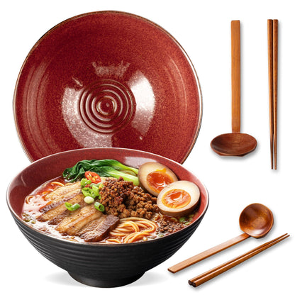 8 Inch Ceramic Ramen Bowl Set of 2, 40oz Japanese Bowls with Spoons & Chopsticks,Durable,Microwave & Dishwasher Safe,Perfect for Ramen,Pho,Salad,Soup,Noodles，Mixing bowls（Verdigris Green）