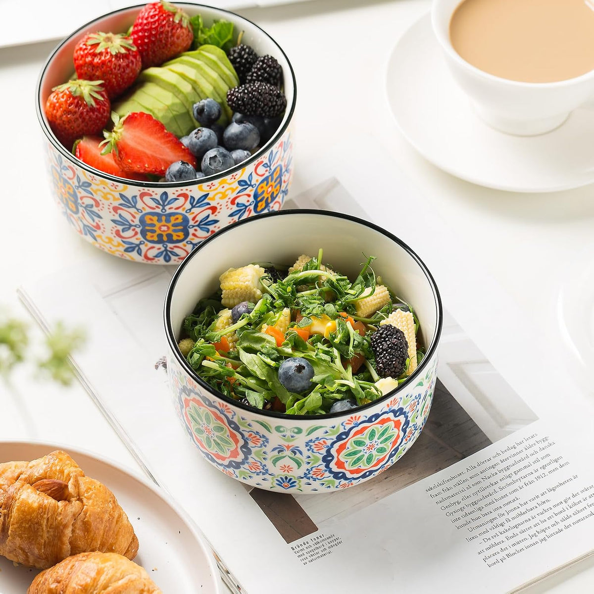 Ceramic Bowl with Lid, Microwave Safe, Set of 4 | Food Storage Containers for Soup, Meal Prep, Cereal, Salad Leftovers - Picnic, Camping, Office Lunch - 20 oz, B-Pattern