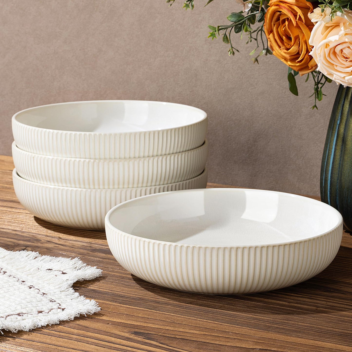 8.5" Ceramic Pasta Bowls Set of 4, Salad Bowls | Versatile Serving Bowls for Pasta, Salad, Fruit & Noodles, Housewarming & Wedding Gift, Mocha Brown