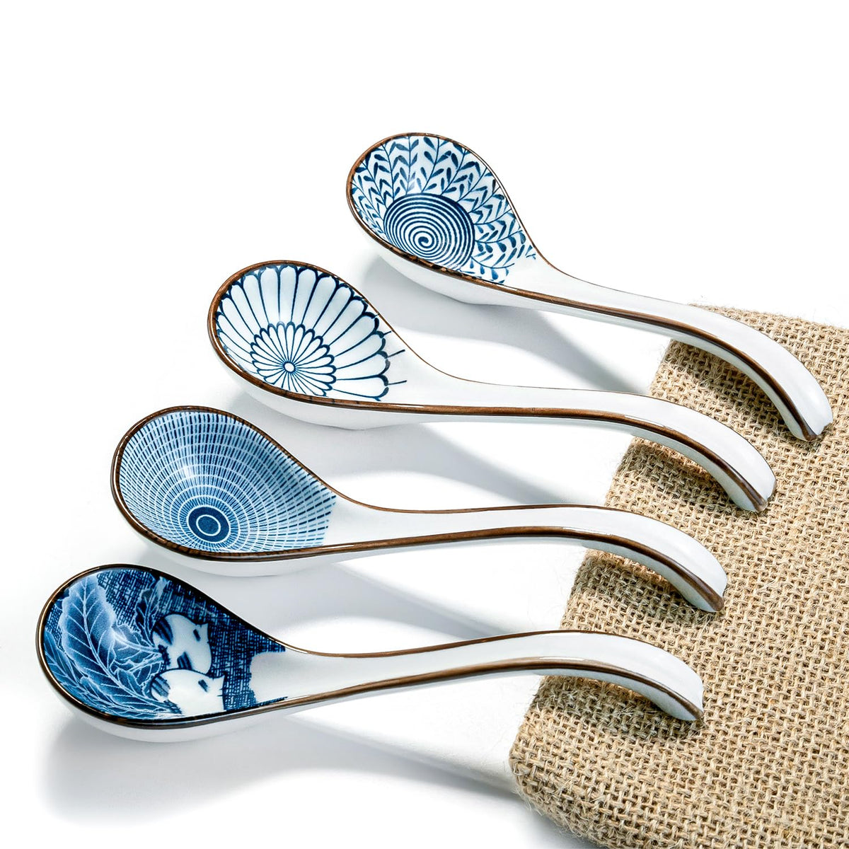 Asian Ceramic Soup Spoon, with Long Handle Easy to Hold, Non-slip Bottom, for Japanese Ramen, Chinese and Vietnamese Wonton, Noodle Soup Spoons (V38)