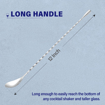 Bar Spoon Cocktail Mixing Stirrers, 2Pcs, 12” Long Handle, Silver | 18/8 Stainless Steel, Long Drink Spoons, for Stirring Coffee & Cocktails