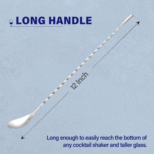 Bar Spoon Cocktail Mixing Stirrers, 2Pcs, 12” Long Handle, Silver | 18/8 Stainless Steel, Long Drink Spoons, for Stirring Coffee & Cocktails