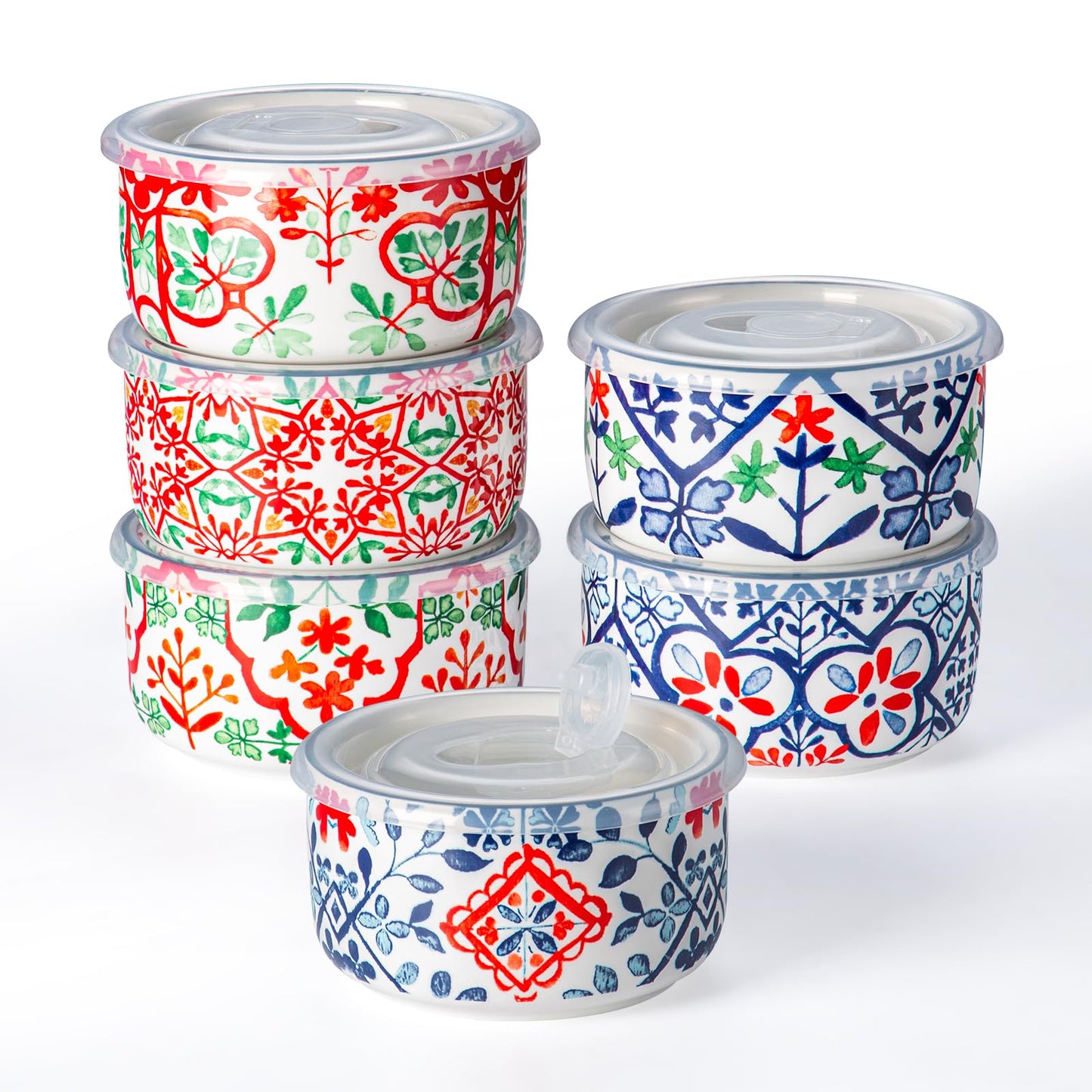 Ceramic Bowl with Lid, Microwave Safe, Set of 4 | Food Storage Containers for Soup, Meal Prep, Cereal, Salad Leftovers - Picnic, Camping, Office Lunch - 20 oz, B-Pattern