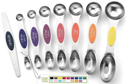 Spring Chef Stainless Steel Magnetic Measuring Spoons Set of 8, Black | Dual Sided Metal Teaspoon & Tablespoon Measuring Spoons with Leveler for Dry & Liquid Ingredients, Nesting, Dishwasher Safe