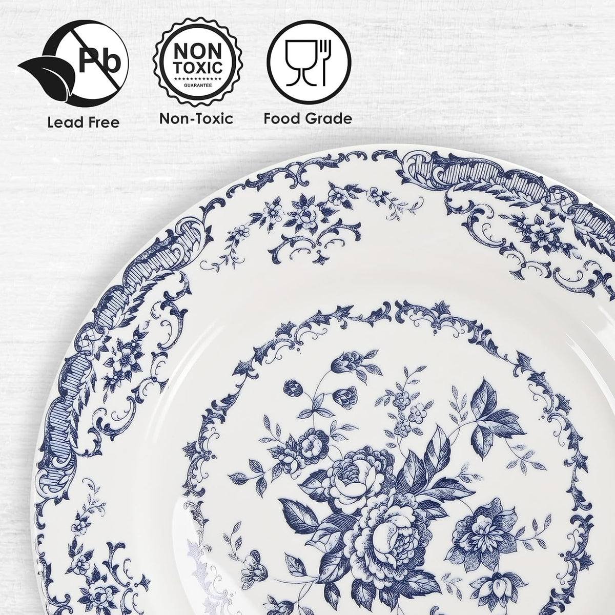 Dinner Plates Set of 6, 10.5 inch Blue Rose Floral Plate | Ceramic, White Porcelain Plate, Kitchen Plates Microwave Safe, Ideal for Salad, Pasta & Dessert