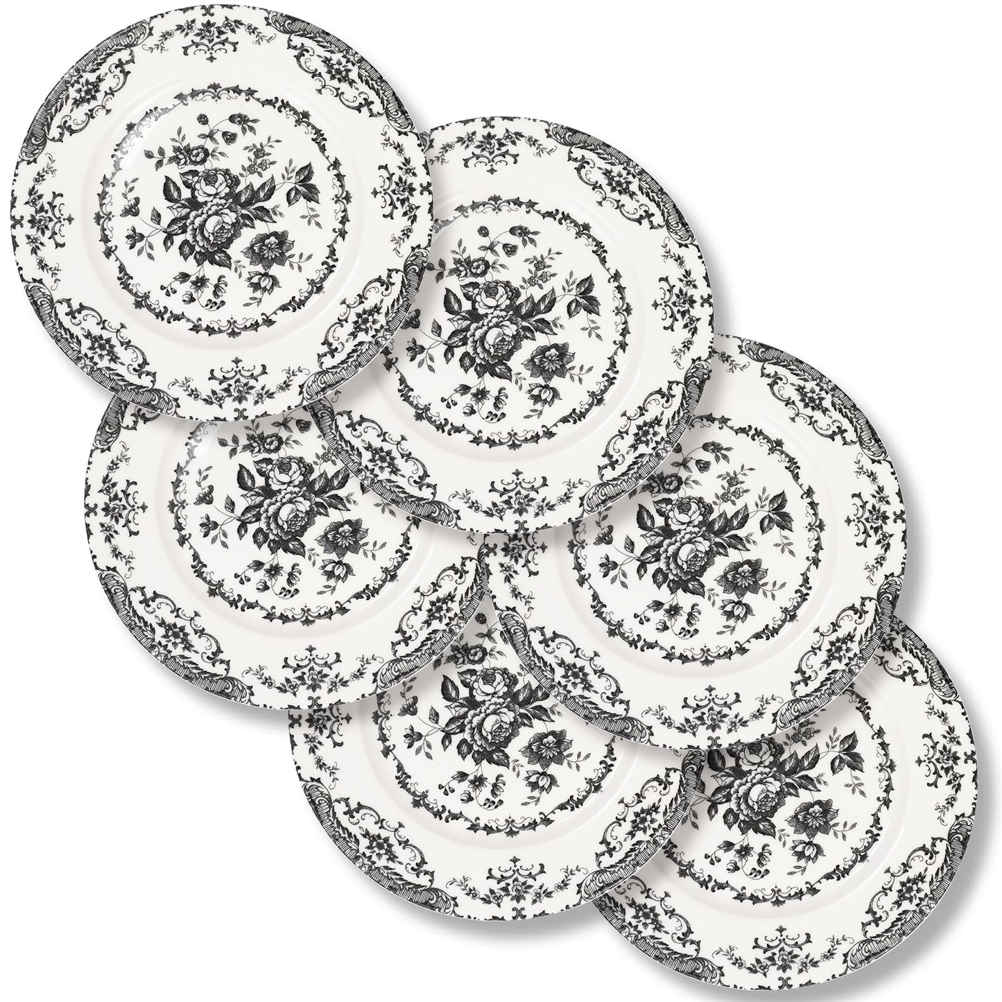 Dinner Plates Set of 6, 10.5 inch Blue Rose Floral Plate | Ceramic, White Porcelain Plate, Kitchen Plates Microwave Safe, Ideal for Salad, Pasta & Dessert