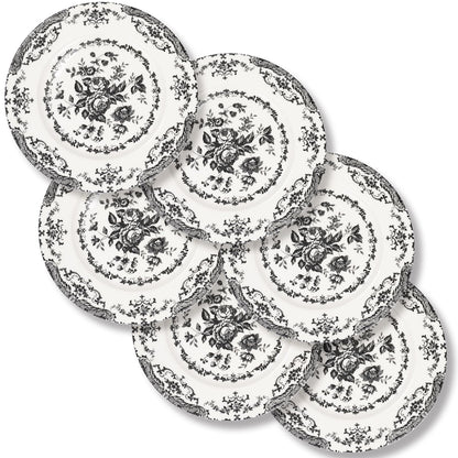 Dinner Plates Set of 6, 10.5 inch Blue Rose Floral Plate | Ceramic, White Porcelain Plate, Kitchen Plates Microwave Safe, Ideal for Salad, Pasta & Dessert