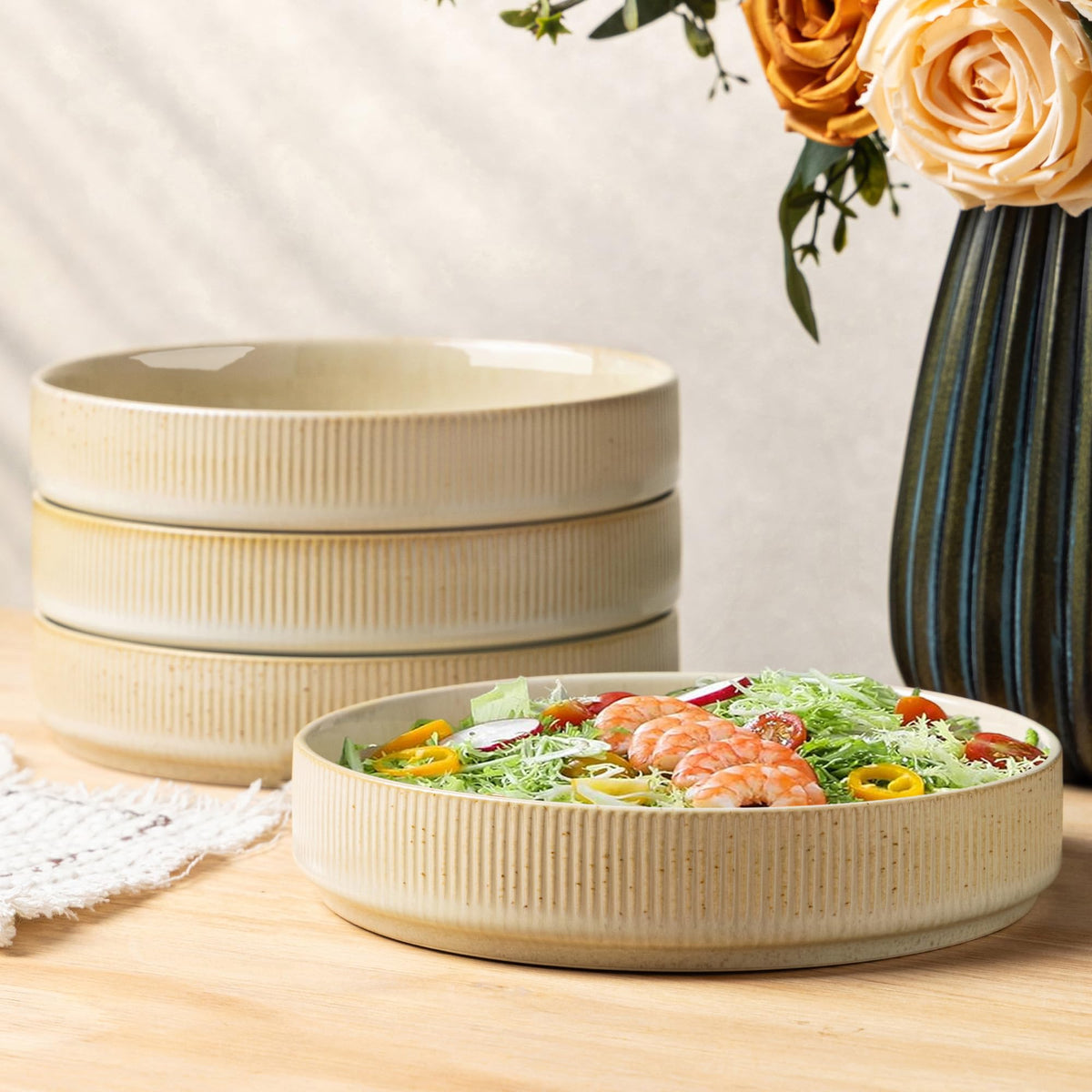 8.5" Ceramic Pasta Bowls Set of 4, Salad Bowls | Versatile Serving Bowls for Pasta, Salad, Fruit & Noodles, Housewarming & Wedding Gift, Mocha Brown