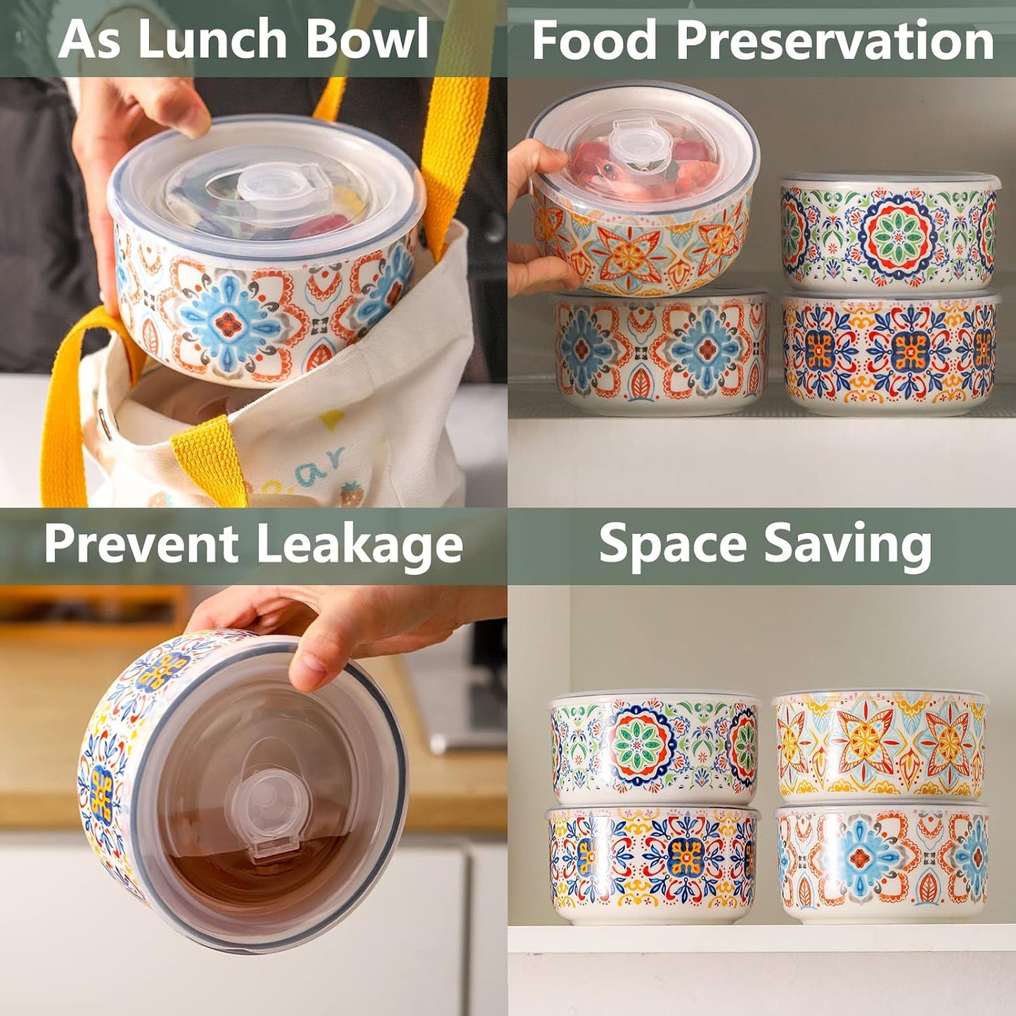 Ceramic Bowl with Lid, Microwave Safe, Set of 4 | Food Storage Containers for Soup, Meal Prep, Cereal, Salad Leftovers - Picnic, Camping, Office Lunch - 20 oz, B-Pattern