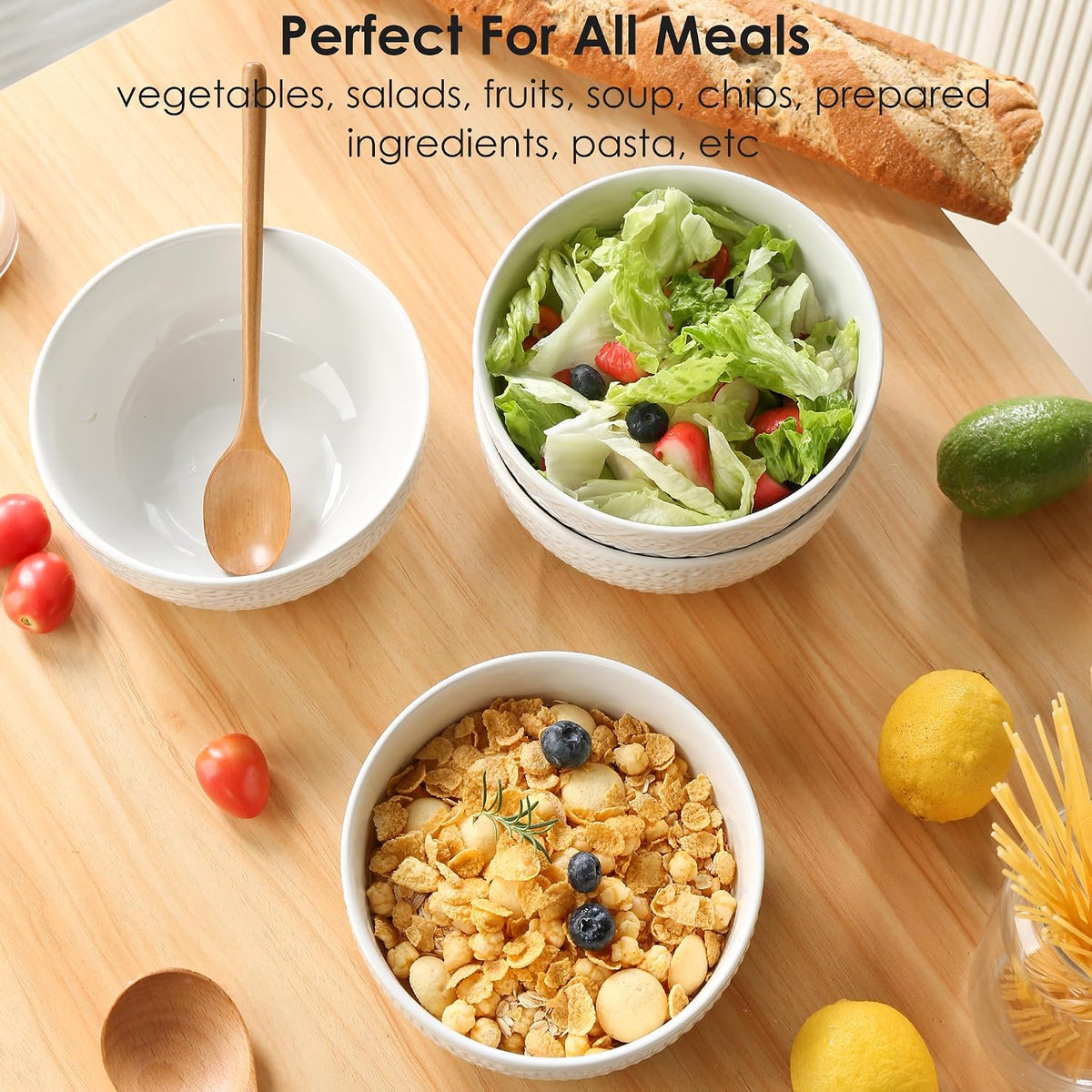40 OZ Large Cereal Bowls Set of 4, Farmhouse Embossment Ceramic Salad Bowls for Soup, Serving, Fruit, Snack, Noodle, Ramen, Pho, Microwave & Dishwasher Safe, 6.7 Inch White