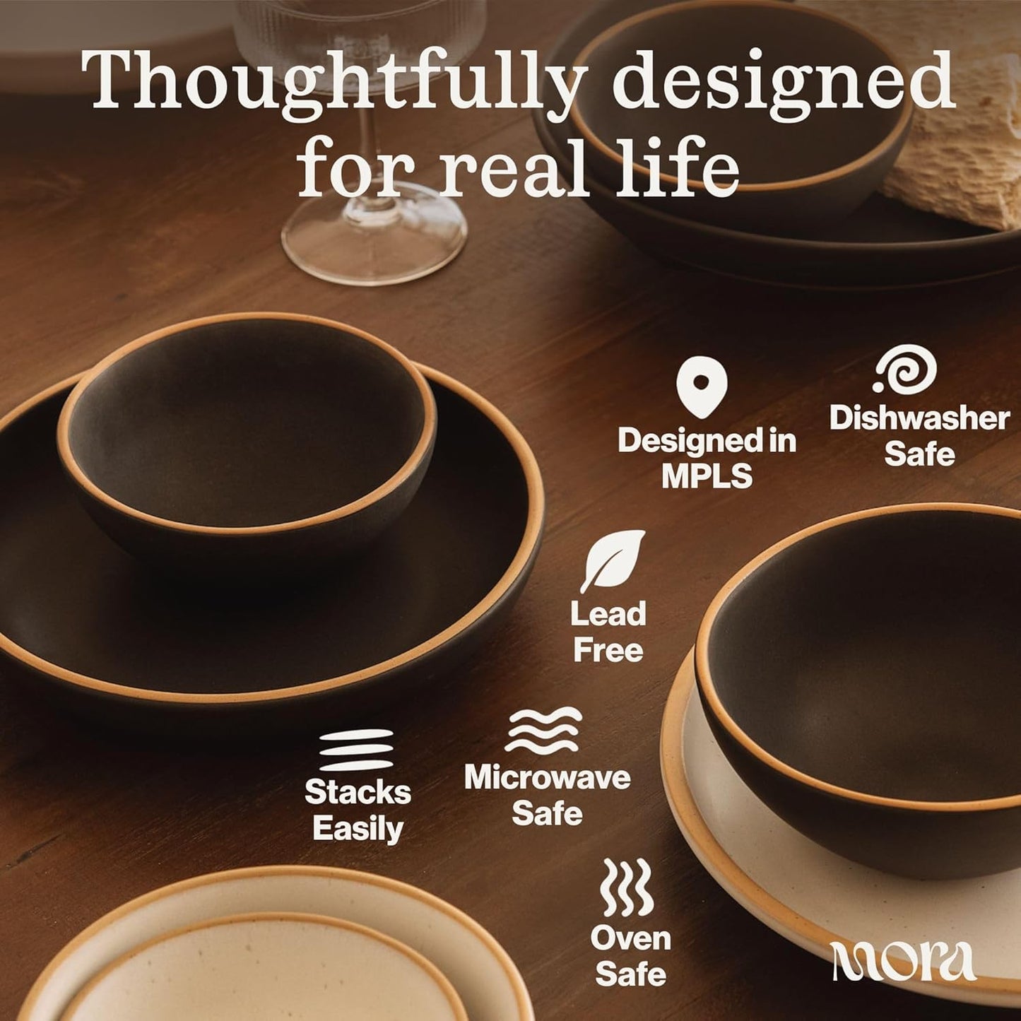 MORA Medium Bowls Set of 4, 28oz Ceramic Pottery Everyday Bowls - Microwave, Oven and Dishwasher Safe - Harvest