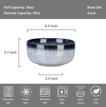 S&Q'S CERAMICS Cereal Bowls - 36 Ounce, Japanese Noodle Bowl Set, Ceramic Bowls for Kitchen, Breakfast, Oatmeal, Microwave and Dishwasher Safe, [Set of 4], Dark Blue