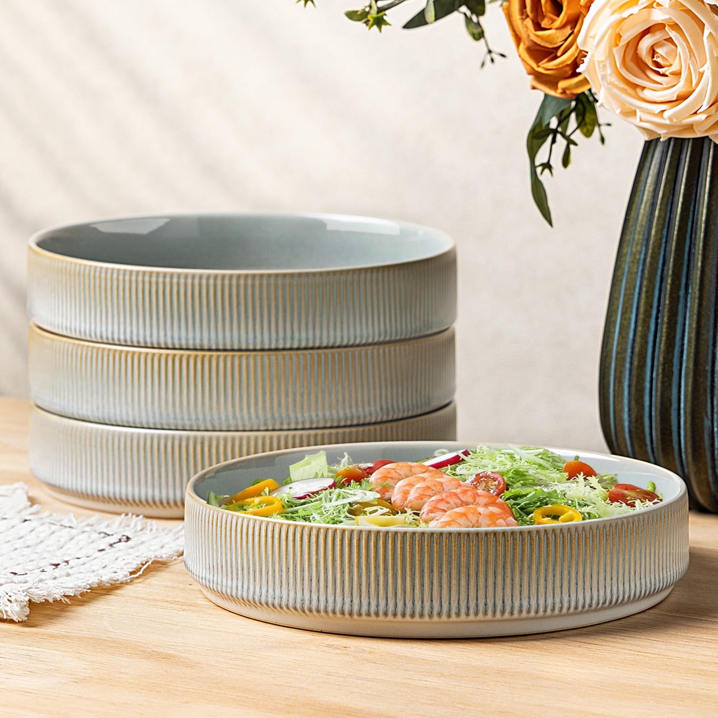 8.5" Ceramic Pasta Bowls Set of 4, Salad Bowls | Versatile Serving Bowls for Pasta, Salad, Fruit & Noodles, Housewarming & Wedding Gift, Mocha Brown