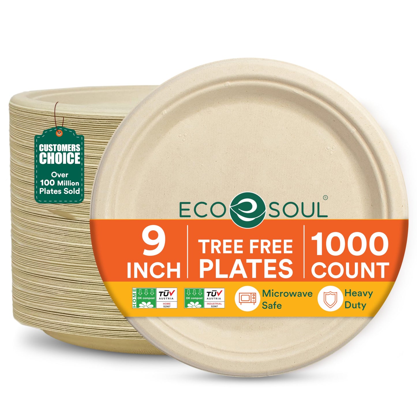 ECO SOUL 9 Inch Disposable Bagasse Paper Plates (100 Pack, Round) | Natural, Compostable, 100% Virgin Bagasse Pulp, Heavy Duty, Biodegradable, Microwave Safe, Food Safe, Eco-Friendly