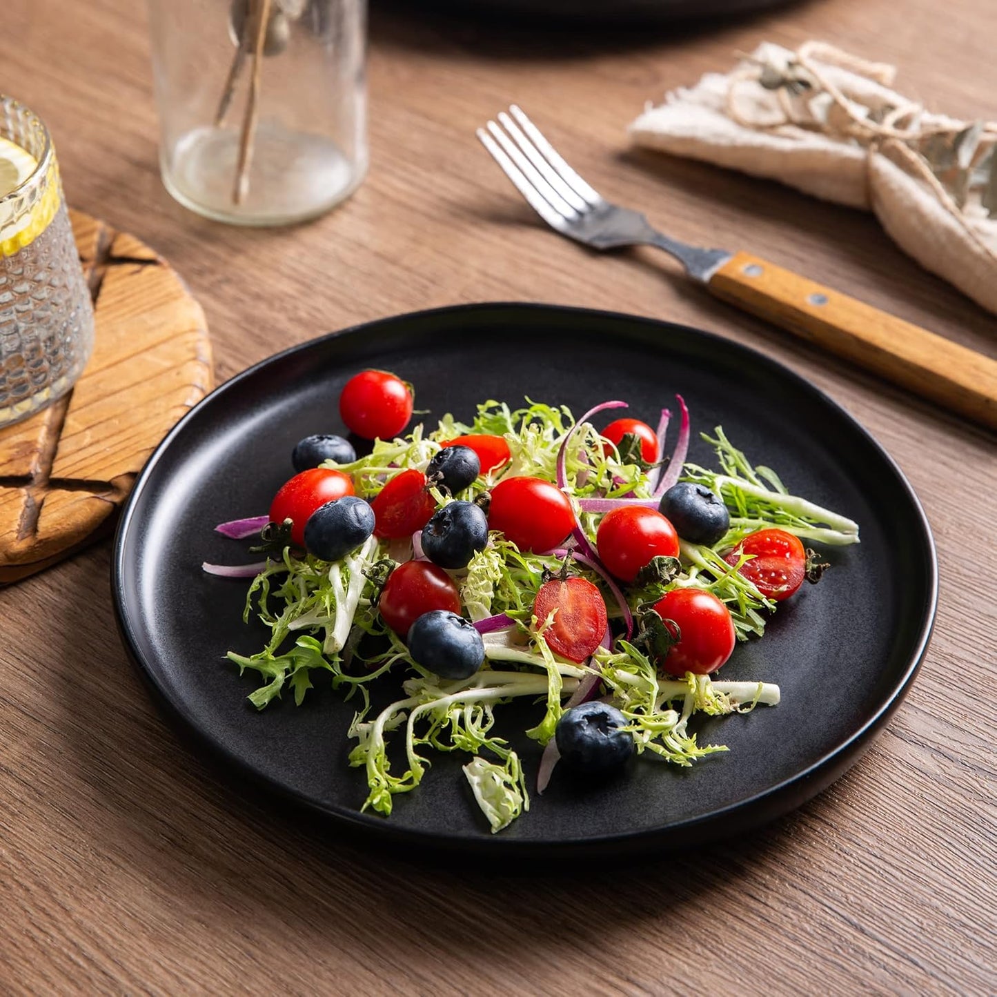 AmorArc Ceramic Dinner Plates Set of 6, 10.25 Inch Stoneware Dishes Set | Wavy Rim Shape Dinnerware Plates for Kitchen, Microwave & Dishwasher Safe, Scratch Resistant-Matte Black