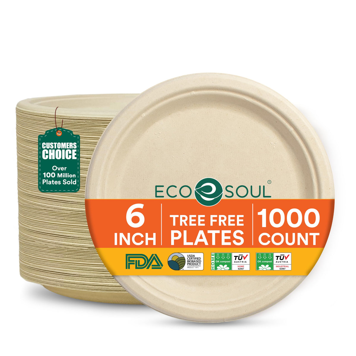 ECO SOUL 9 Inch Disposable Bagasse Paper Plates (100 Pack, Round) | Natural, Compostable, 100% Virgin Bagasse Pulp, Heavy Duty, Biodegradable, Microwave Safe, Food Safe, Eco-Friendly