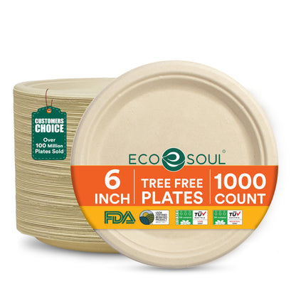 ECO SOUL 9 Inch Disposable Bagasse Paper Plates (100 Pack, Round) | Natural, Compostable, 100% Virgin Bagasse Pulp, Heavy Duty, Biodegradable, Microwave Safe, Food Safe, Eco-Friendly