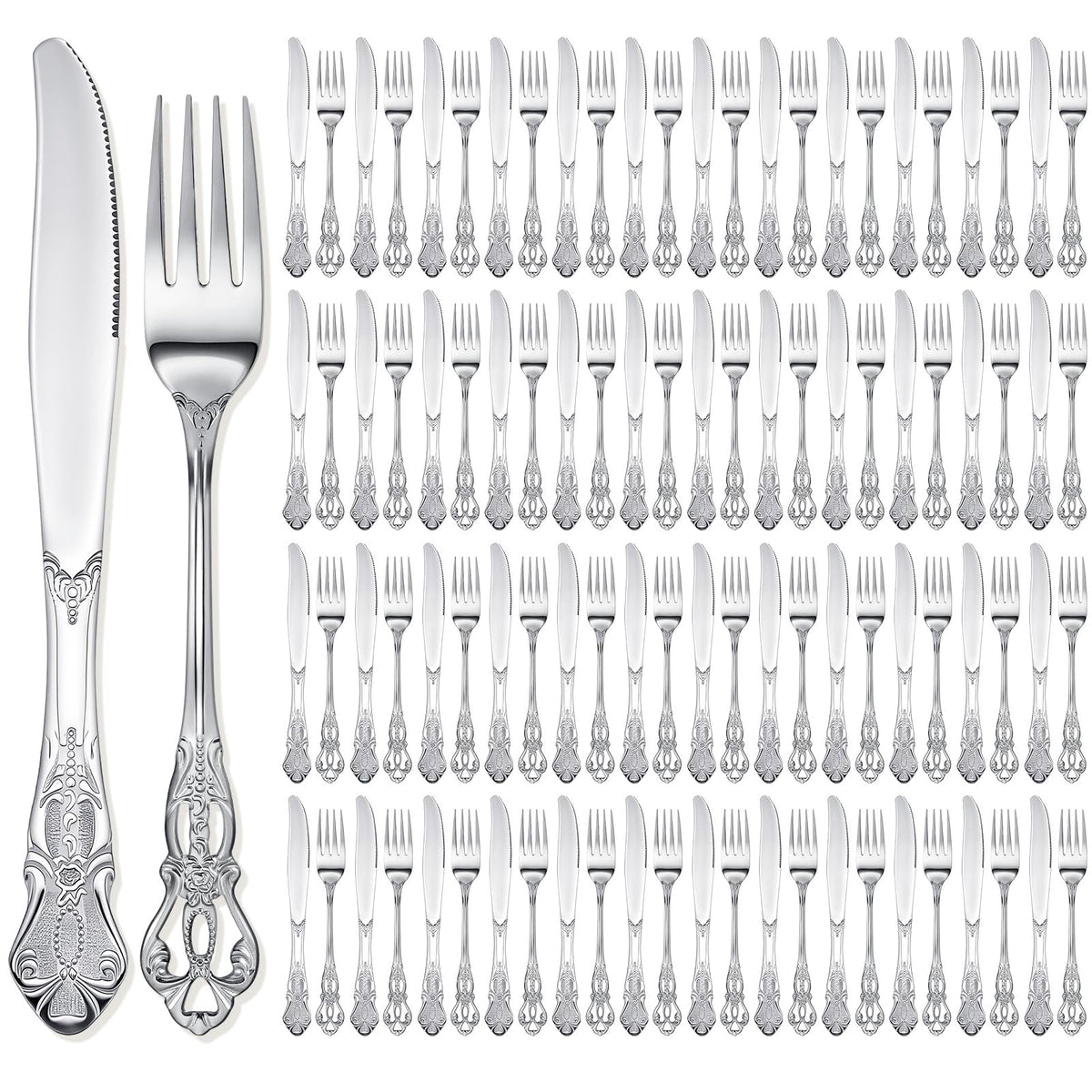100 Pcs Forks and Knives Cutlery Set Stainless Steel Steak Knives Forks Flatware Royal Silverware Set for Wedding Party Restaurant Dishwasher Safe (Gold)