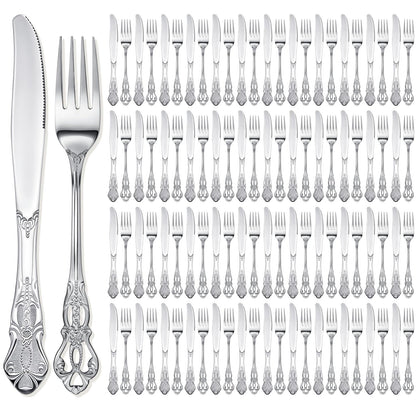 100 Pcs Forks and Knives Cutlery Set Stainless Steel Steak Knives Forks Flatware Royal Silverware Set for Wedding Party Restaurant Dishwasher Safe (Gold)