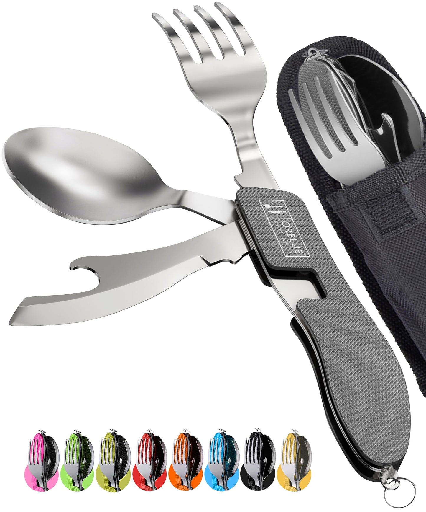Orblue 4-in-1 Camping Utensils, 1-Pack, Portable Stainless Steel Spoon, Fork, Knife & Bottle Opener Combo Set - Travel, Backpacking Cutlery Multitool Olive Green